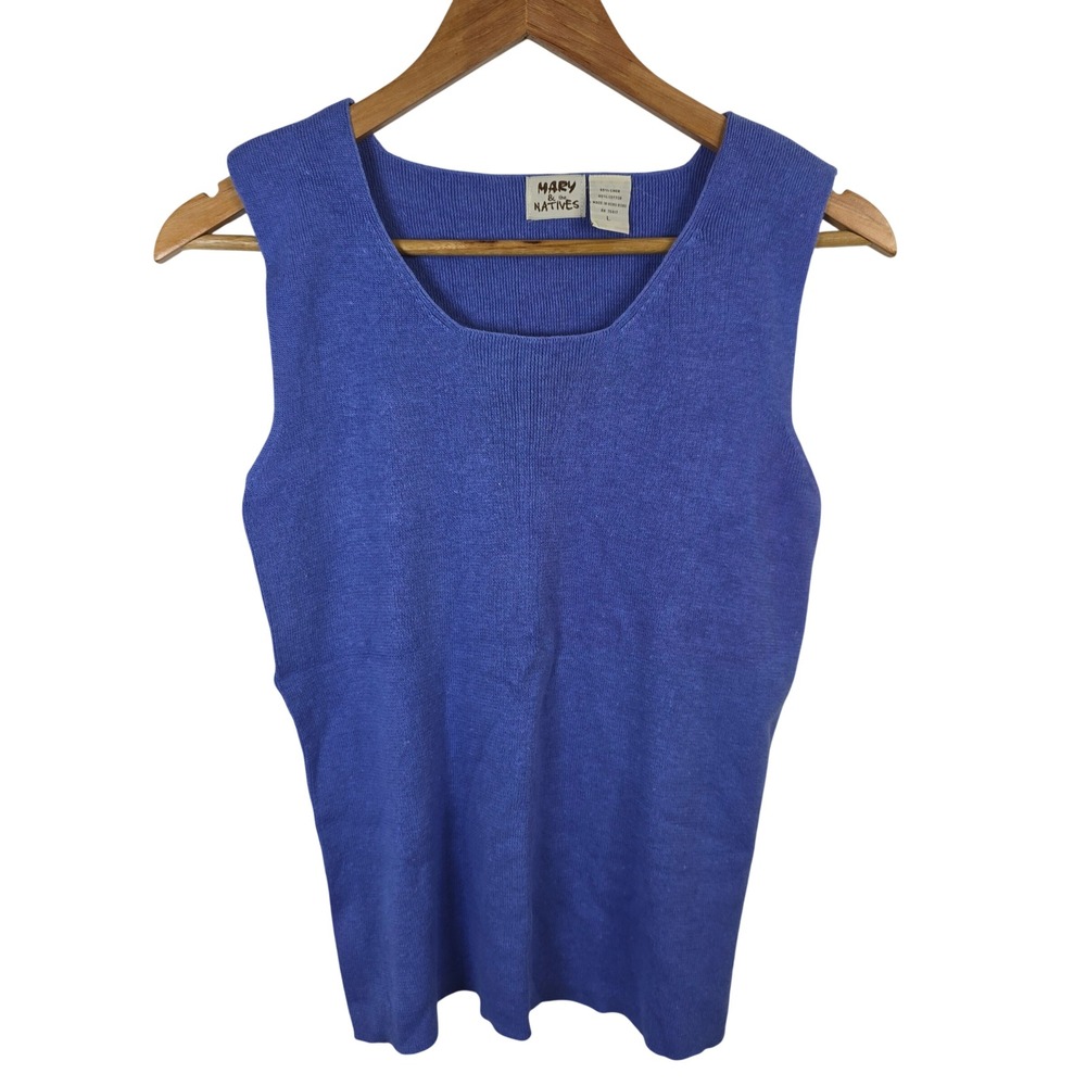 Mary & the Natives Periwinkle Blue Linen Cotton Square Neck Knit Tank Top Large
